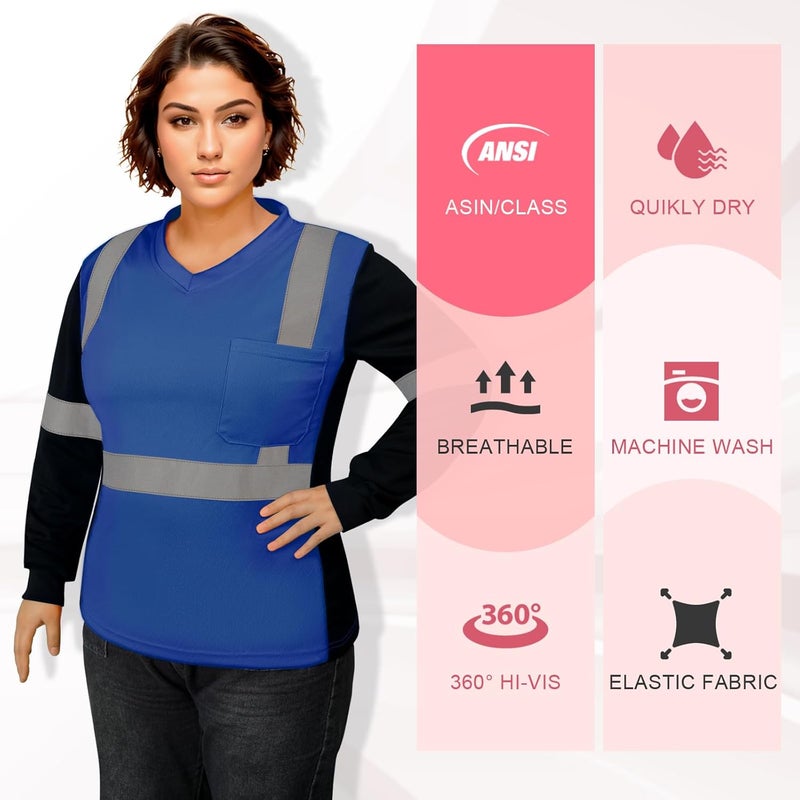 TCCFCCT Hi Vis Shirts for Women Class 3 Safety Shirt for Women Construction Work with Long Sleeves, Hi Vis Shirts for Women Driver and Night Running, Night Working,WP-Blue-LX XXL - Image 3